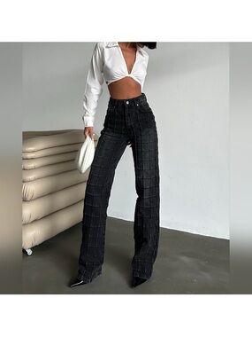 Piral Stitched Square Straight-Leg Jeans High-Waisted Pants size large black